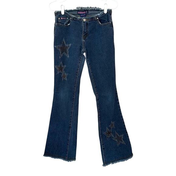 Bubblegum USA Y2K Wide Leg Flare Low Rise Frayed Jeans Size 7/8 Embroidered - Picture 1 of 10